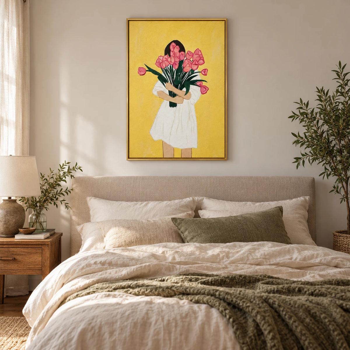 Woman Holding Pink Tulips Oil Painting | White Dress Yellow Background Green Leaves Vertical Figurative Floral Wall Art OA 1756