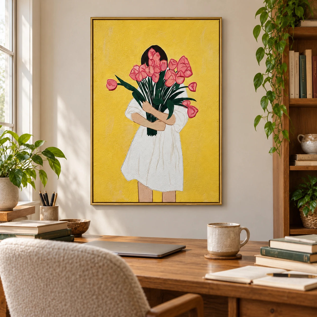 Woman Holding Pink Tulips Oil Painting | White Dress Yellow Background Green Leaves Vertical Figurative Floral Wall Art OA 1756