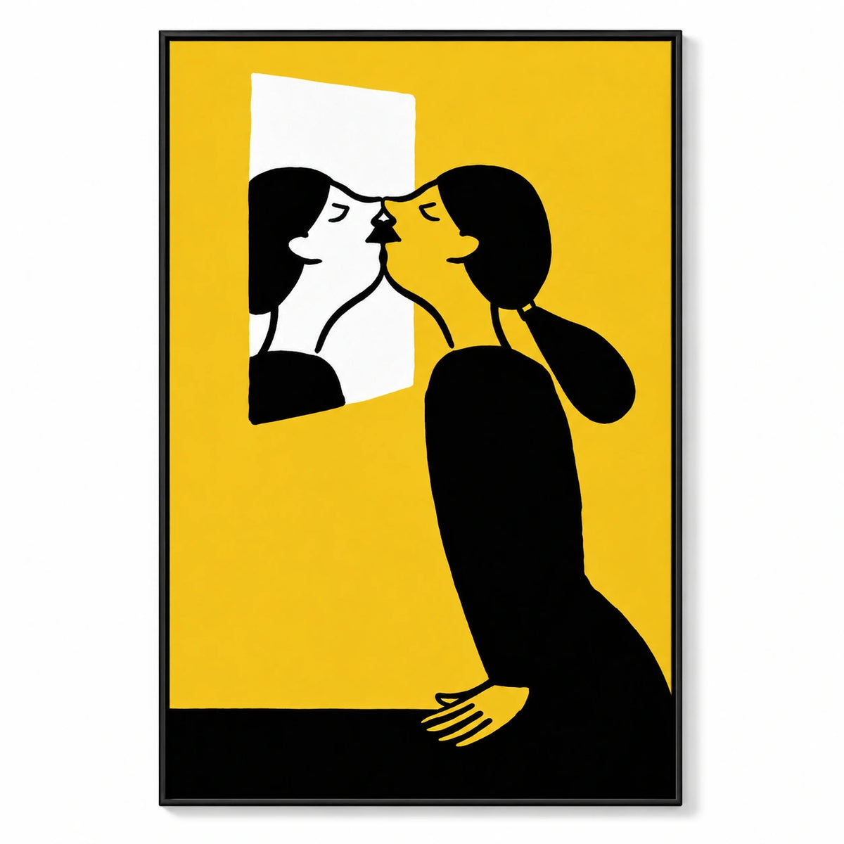 Woman Kissing Her Mirror Reflection Oil Painting | Yellow Black and White Minimalist Figurative Vertical Wall Art OA 1678