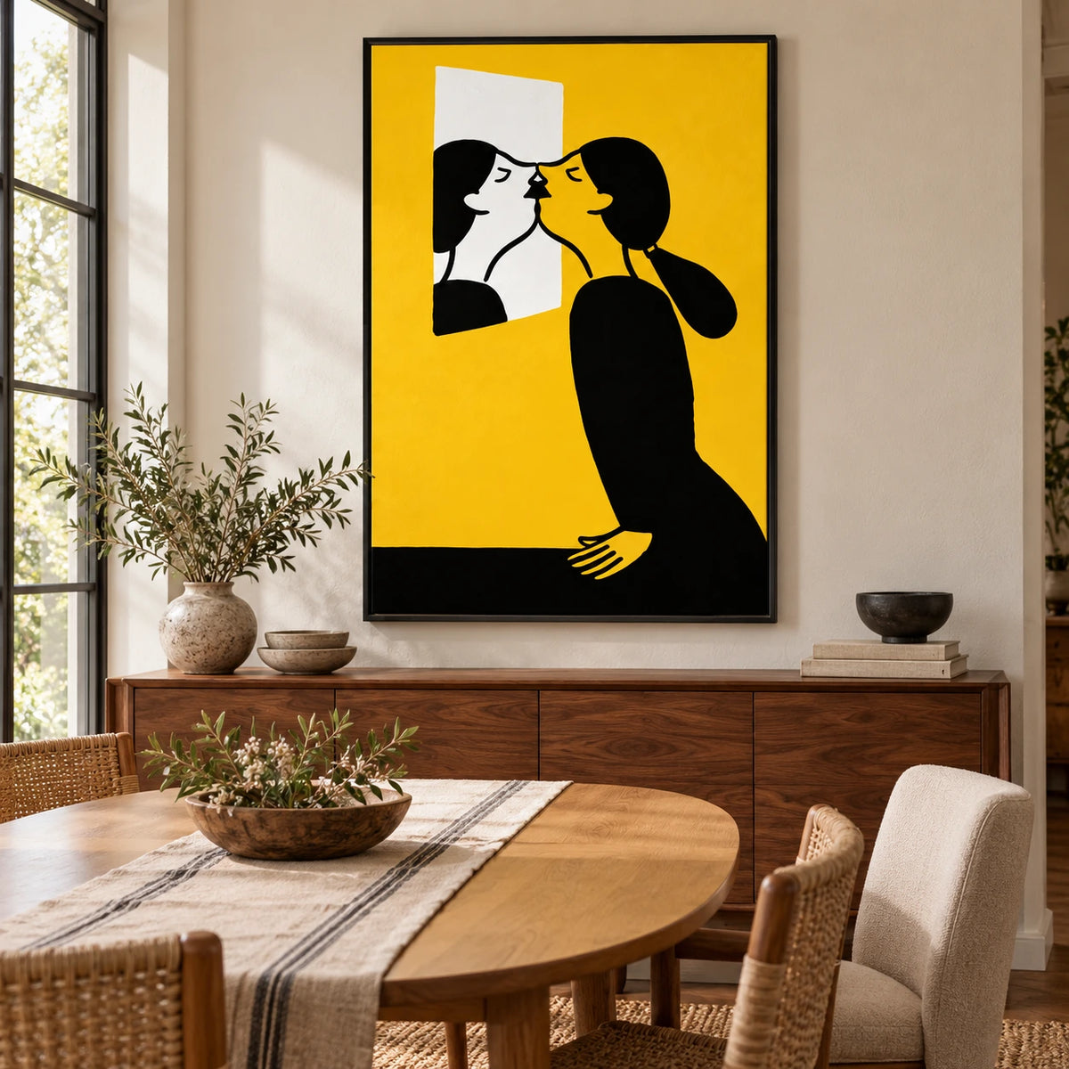 Woman Kissing Her Mirror Reflection Oil Painting | Yellow Black and White Minimalist Figurative Vertical Wall Art OA 1678