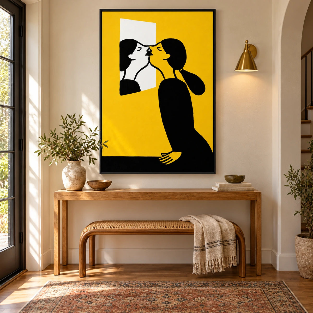 Woman Kissing Her Mirror Reflection Oil Painting | Yellow Black and White Minimalist Figurative Vertical Wall Art OA 1678
