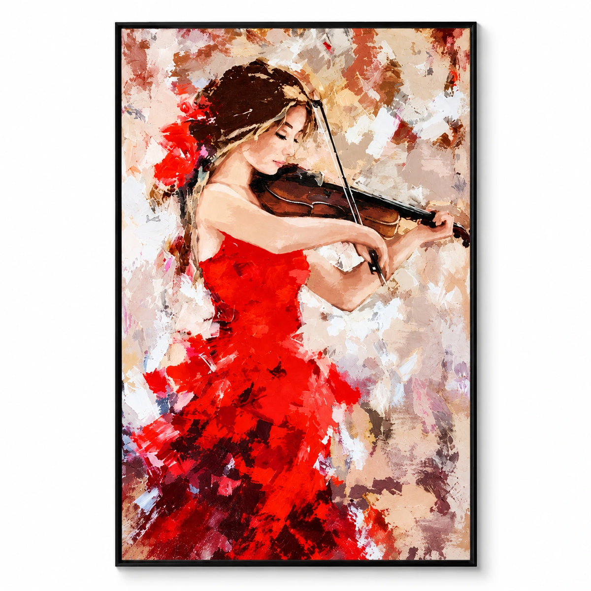 Woman Playing Violin Oil Painting | Red Dress and Floral Hair Textured Impasto Music Portrait Wall Art #OA 1688