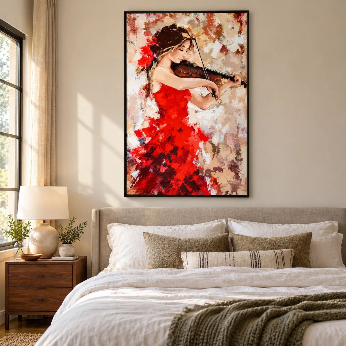 Woman Playing Violin Oil Painting | Red Dress and Floral Hair Textured Impasto Music Portrait Wall Art #OA 1688