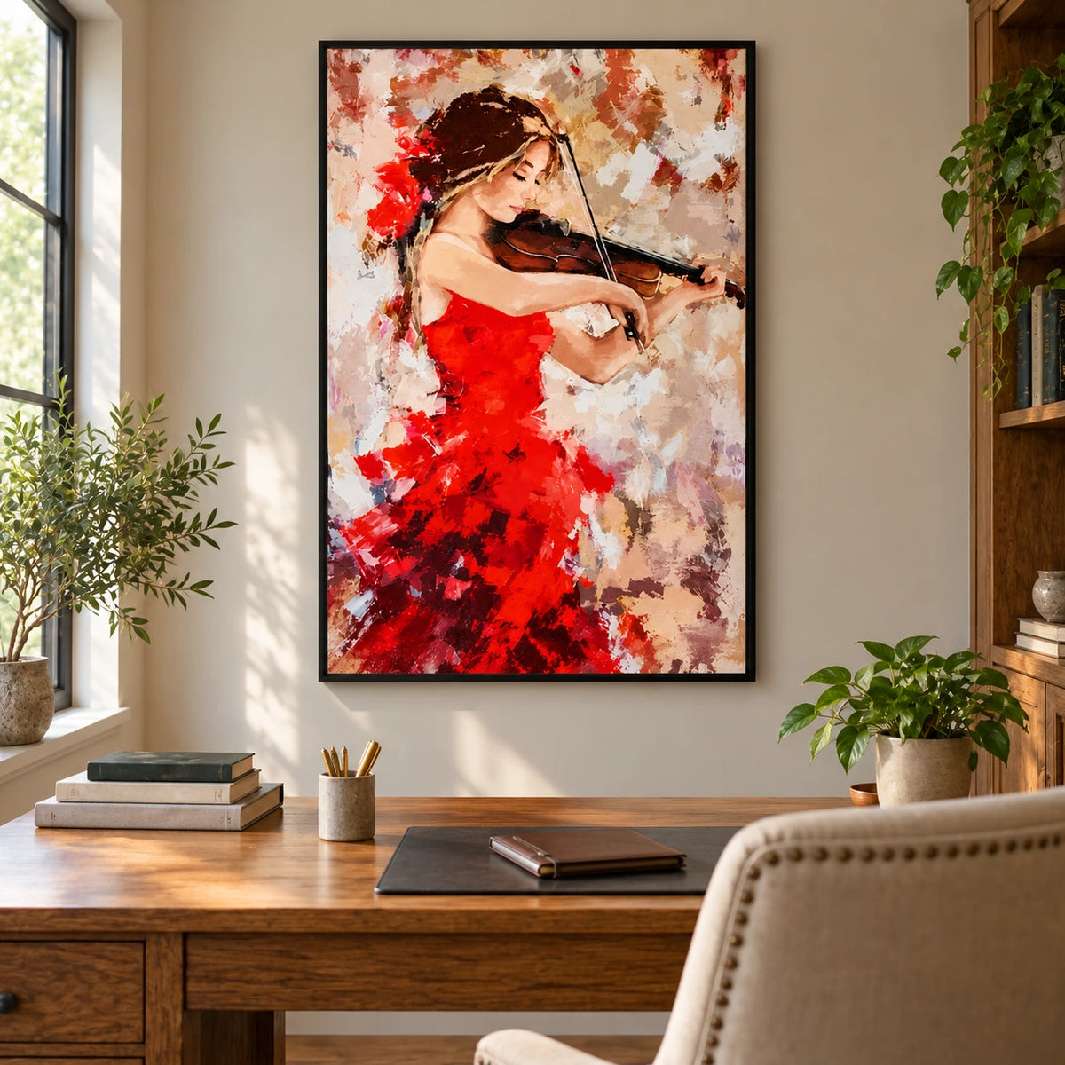 Woman Playing Violin Oil Painting | Red Dress and Floral Hair Textured Impasto Music Portrait Wall Art #OA 1688