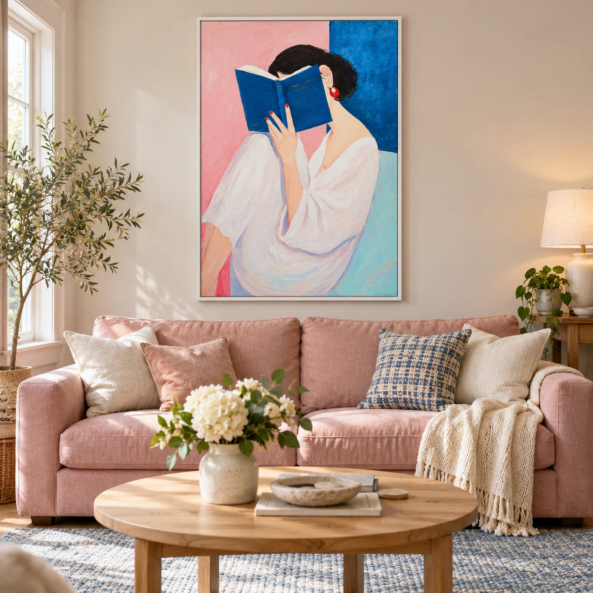 Woman Reading Blue Book Oil Painting | White Blouse Red Earrings Pink and Blue Portrait Wall Art #OA 1686