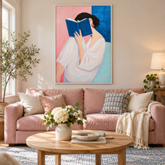Woman Reading Blue Book Oil Painting | White Blouse Red Earrings Pink and Blue Portrait Wall Art #OA 1686