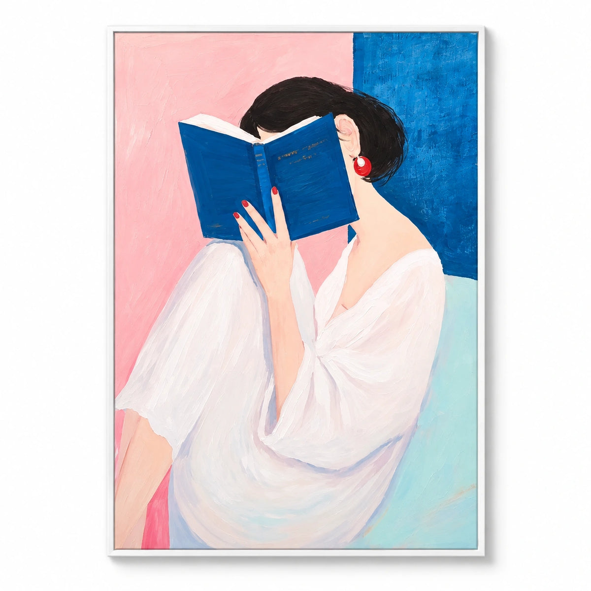 Woman Reading Blue Book Oil Painting | White Blouse Red Earrings Pink and Blue Portrait Wall Art #OA 1686