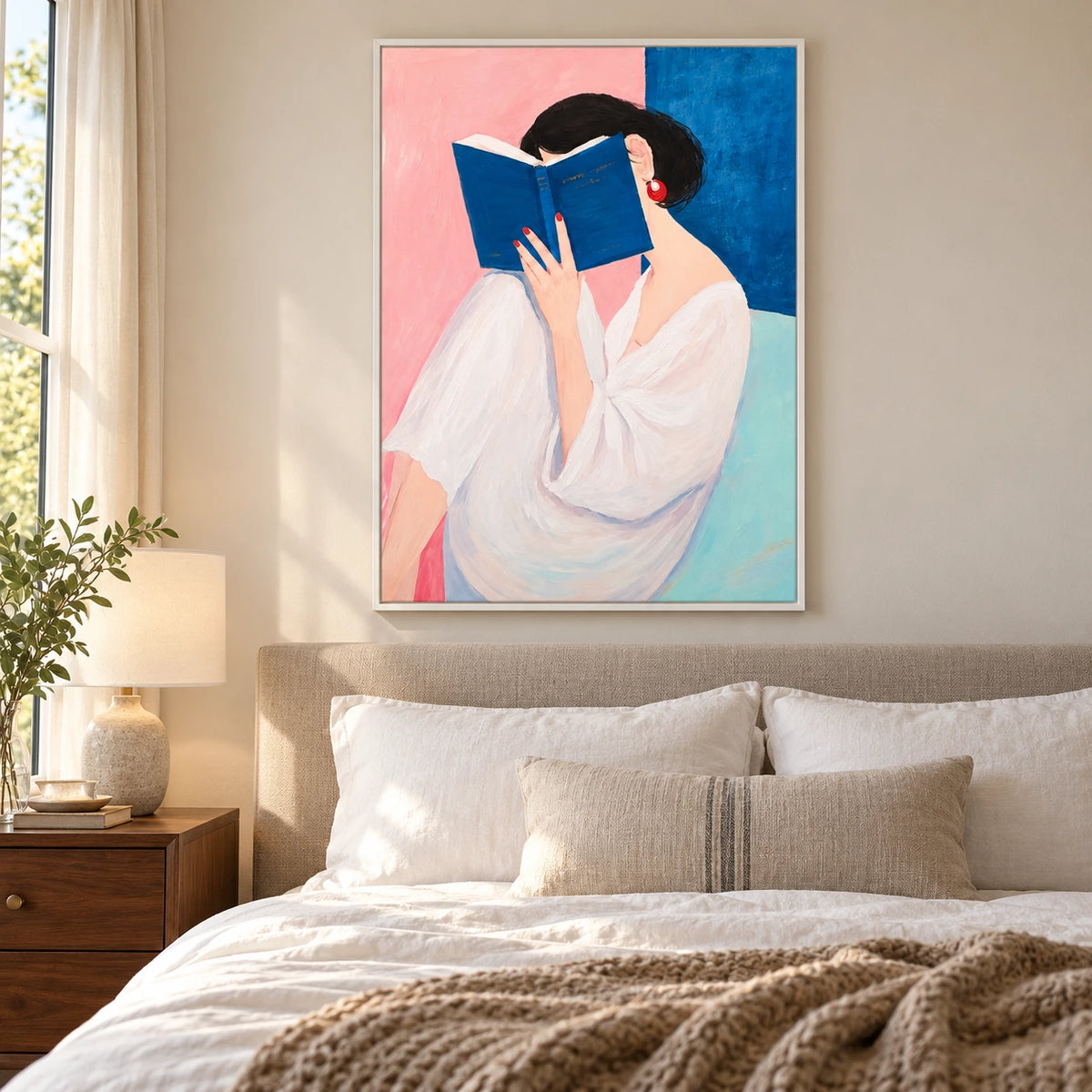 Woman Reading Blue Book Oil Painting | White Blouse Red Earrings Pink and Blue Portrait Wall Art #OA 1686