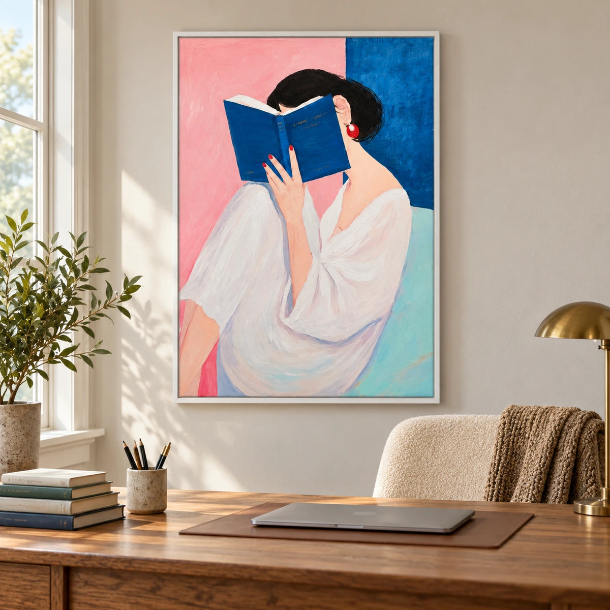 Woman Reading Blue Book Oil Painting | White Blouse Red Earrings Pink and Blue Portrait Wall Art #OA 1686