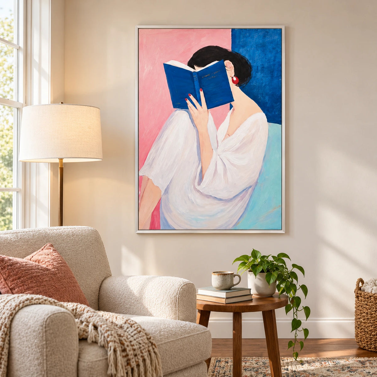 Woman Reading Blue Book Oil Painting | White Blouse Red Earrings Pink and Blue Portrait Wall Art #OA 1686