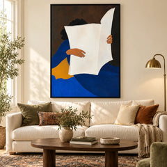 Woman Reading Newspaper Oil Painting | Blue Dress White Paper and Ochre Chair Minimalist Figurative Wall Art #OA 1665