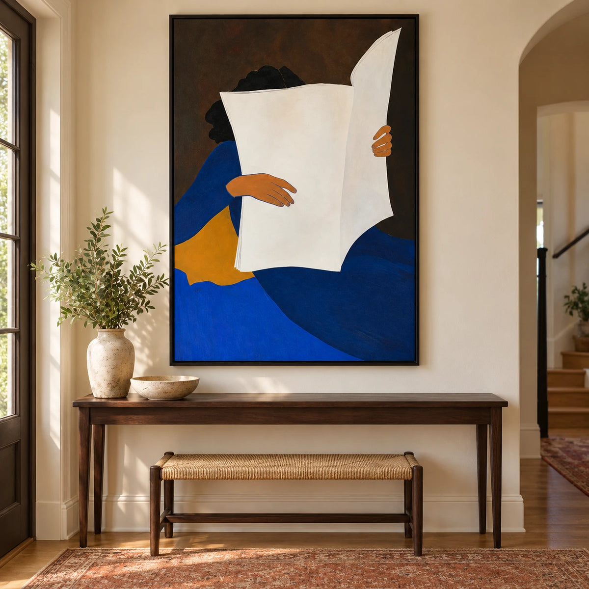 Woman Reading Newspaper Oil Painting | Blue Dress White Paper and Ochre Chair Minimalist Figurative Wall Art OA 1665