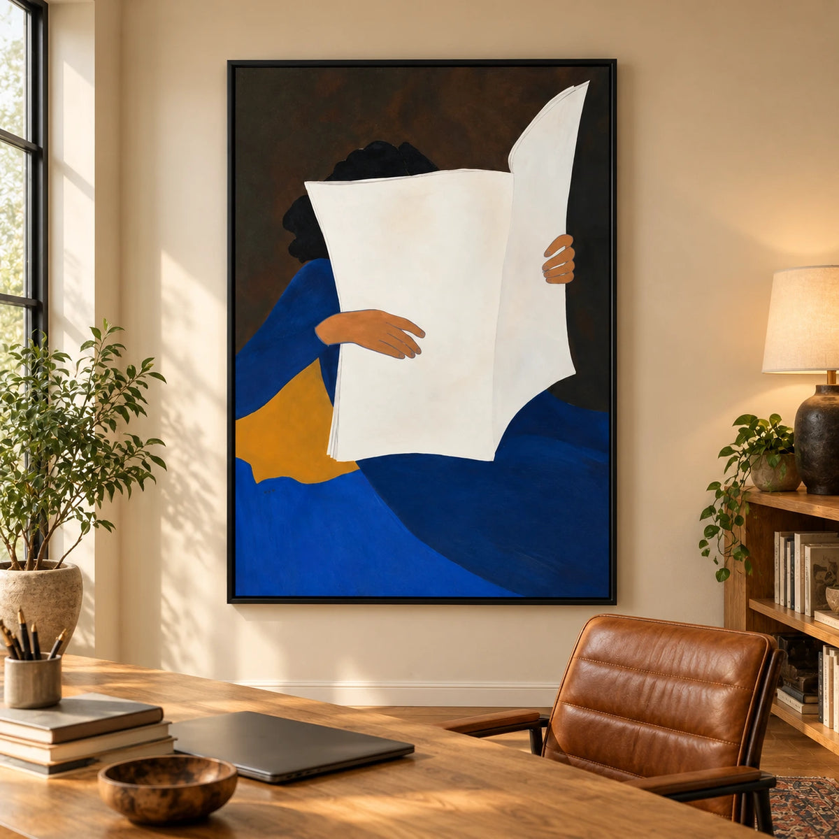 Woman Reading Newspaper Oil Painting | Blue Dress White Paper and Ochre Chair Minimalist Figurative Wall Art OA 1665