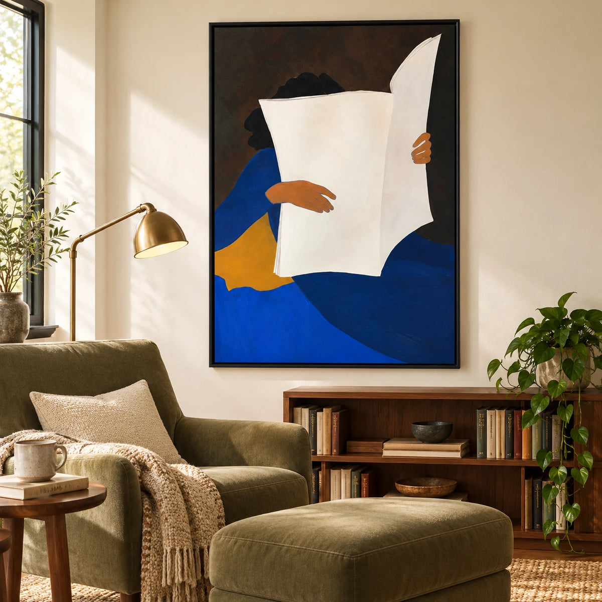 Woman Reading Newspaper Oil Painting | Blue Dress White Paper and Ochre Chair Minimalist Figurative Wall Art OA 1665