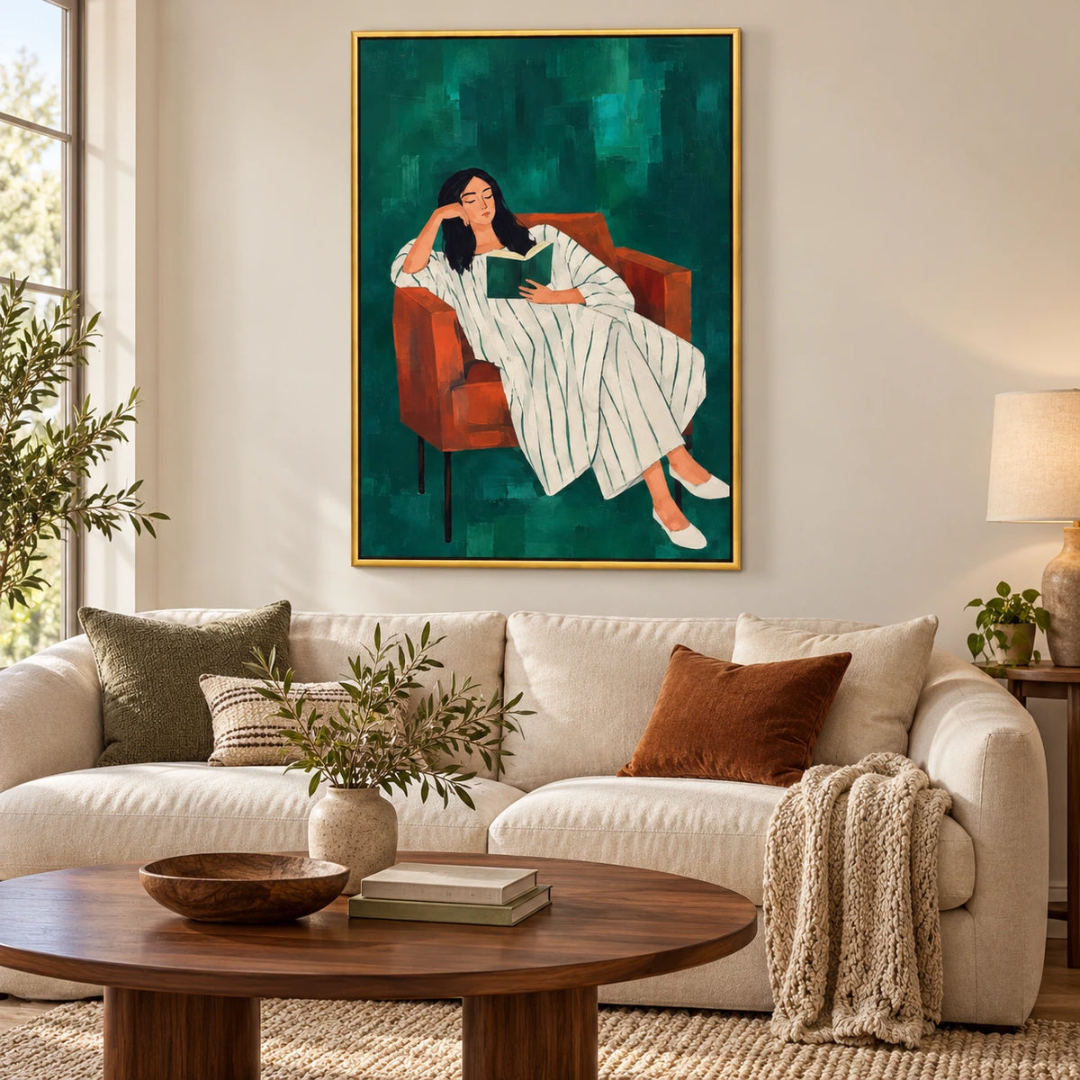 Woman Reading in Rust Armchair Oil Painting | Green Background and White Striped Dress Figurative Wall Art #OA 1649