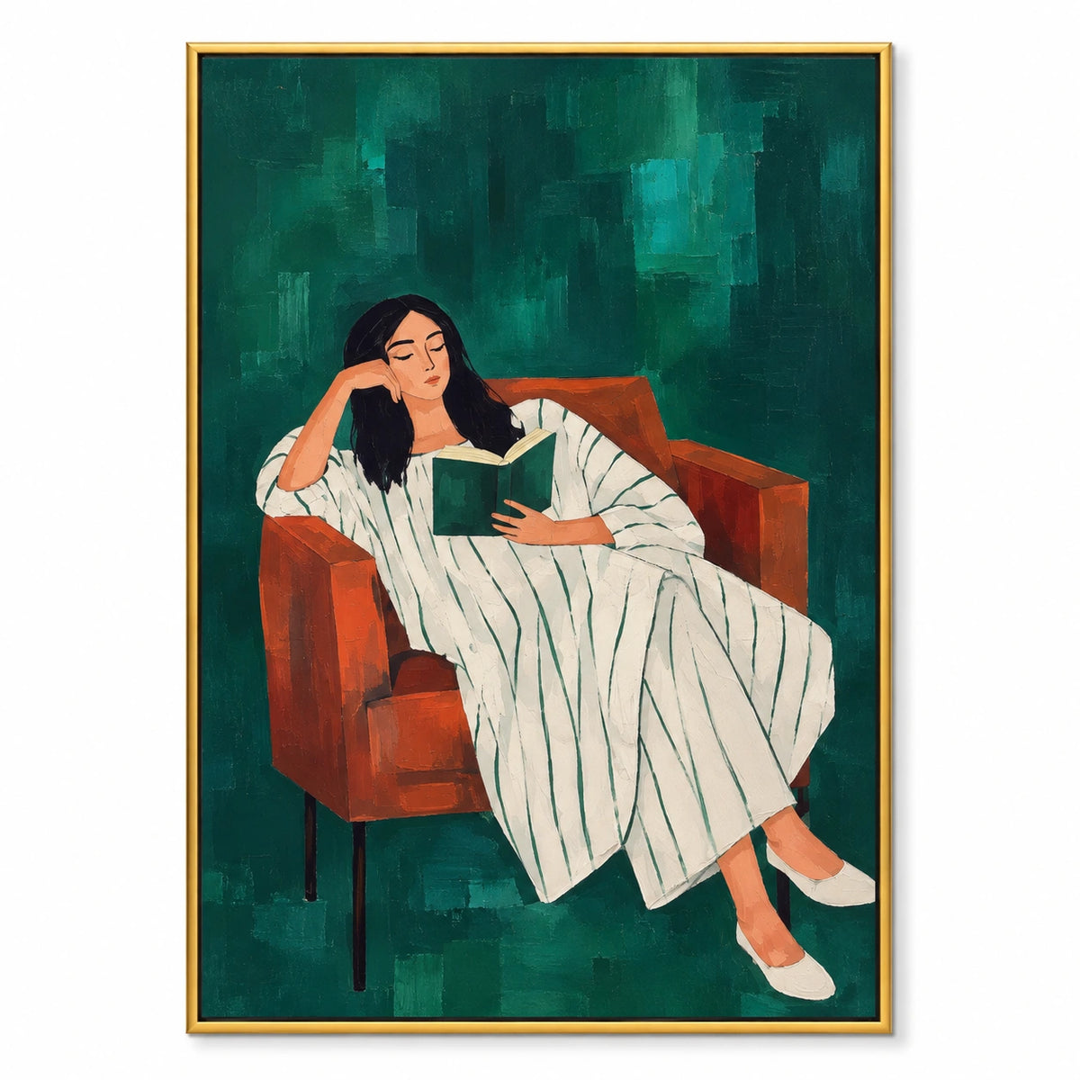Woman Reading in Rust Armchair Oil Painting | Green Background and White Striped Dress Figurative Wall Art #OA 1649