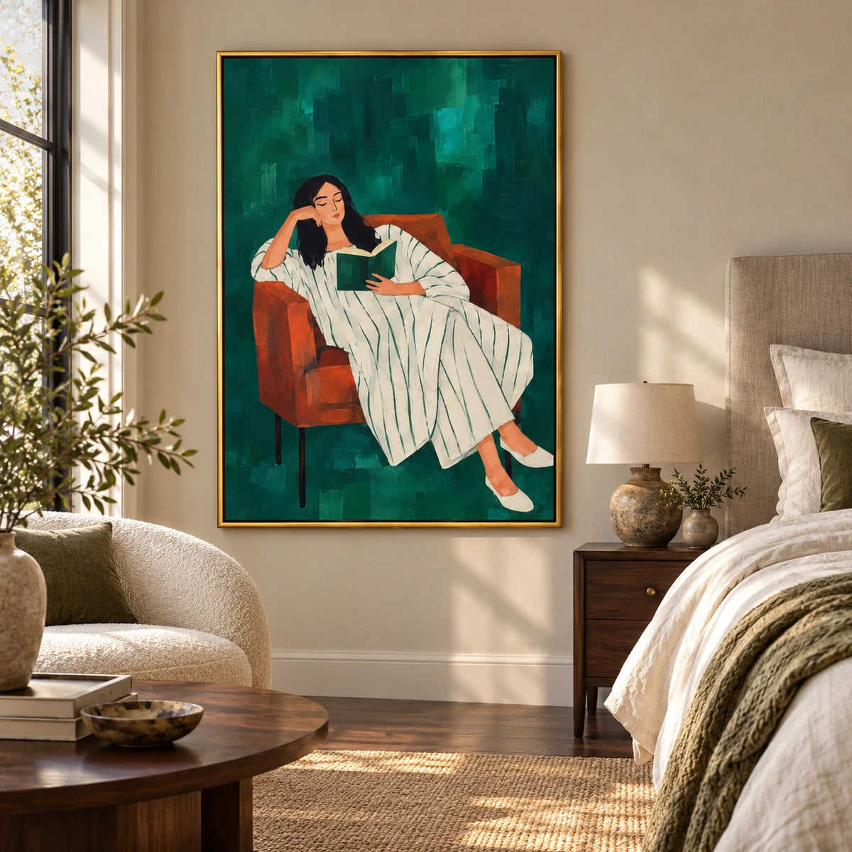 Woman Reading in Rust Armchair Oil Painting | Green Background and White Striped Dress Figurative Wall Art #OA 1649