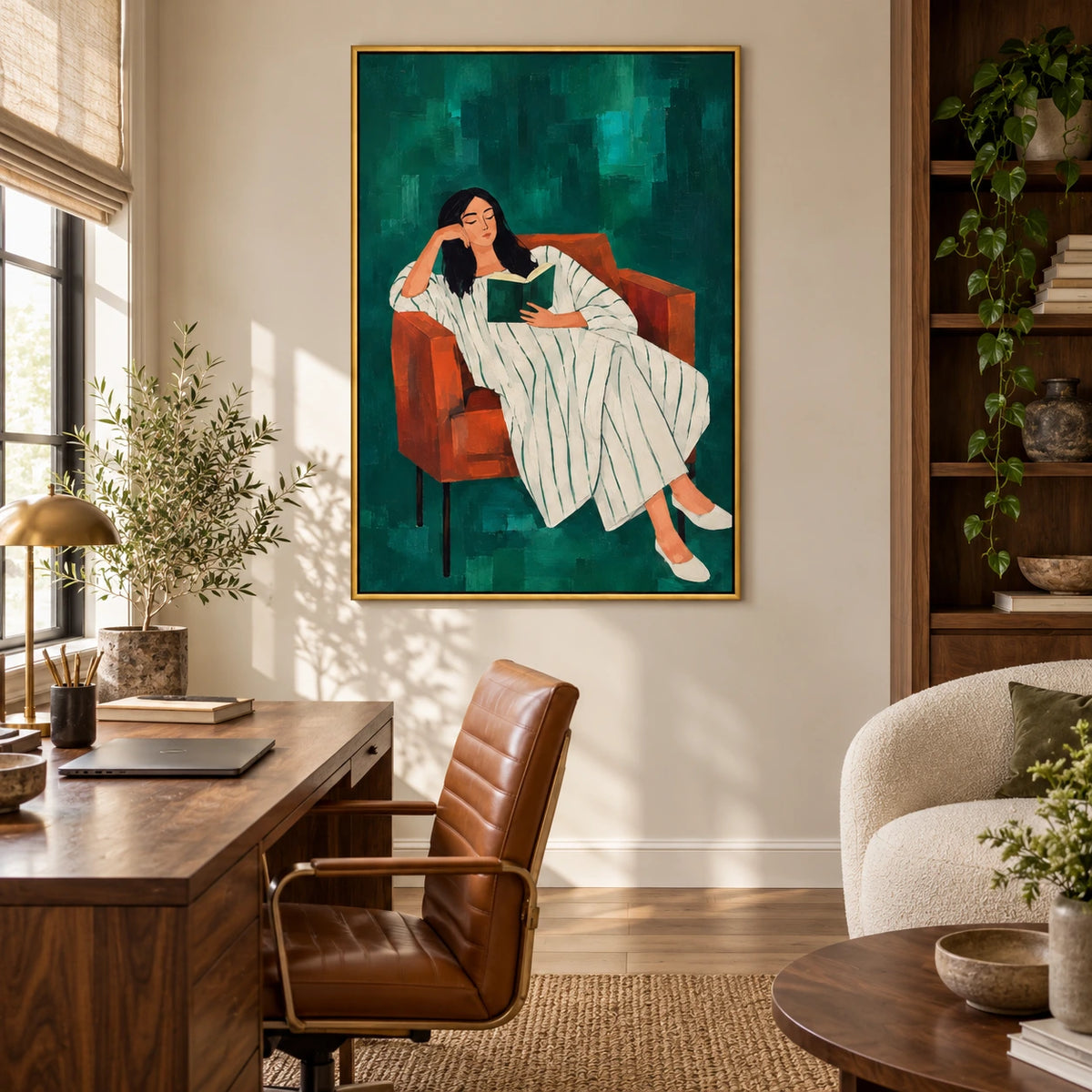 Woman Reading in Rust Armchair Oil Painting | Green Background and White Striped Dress Figurative Wall Art #OA 1649