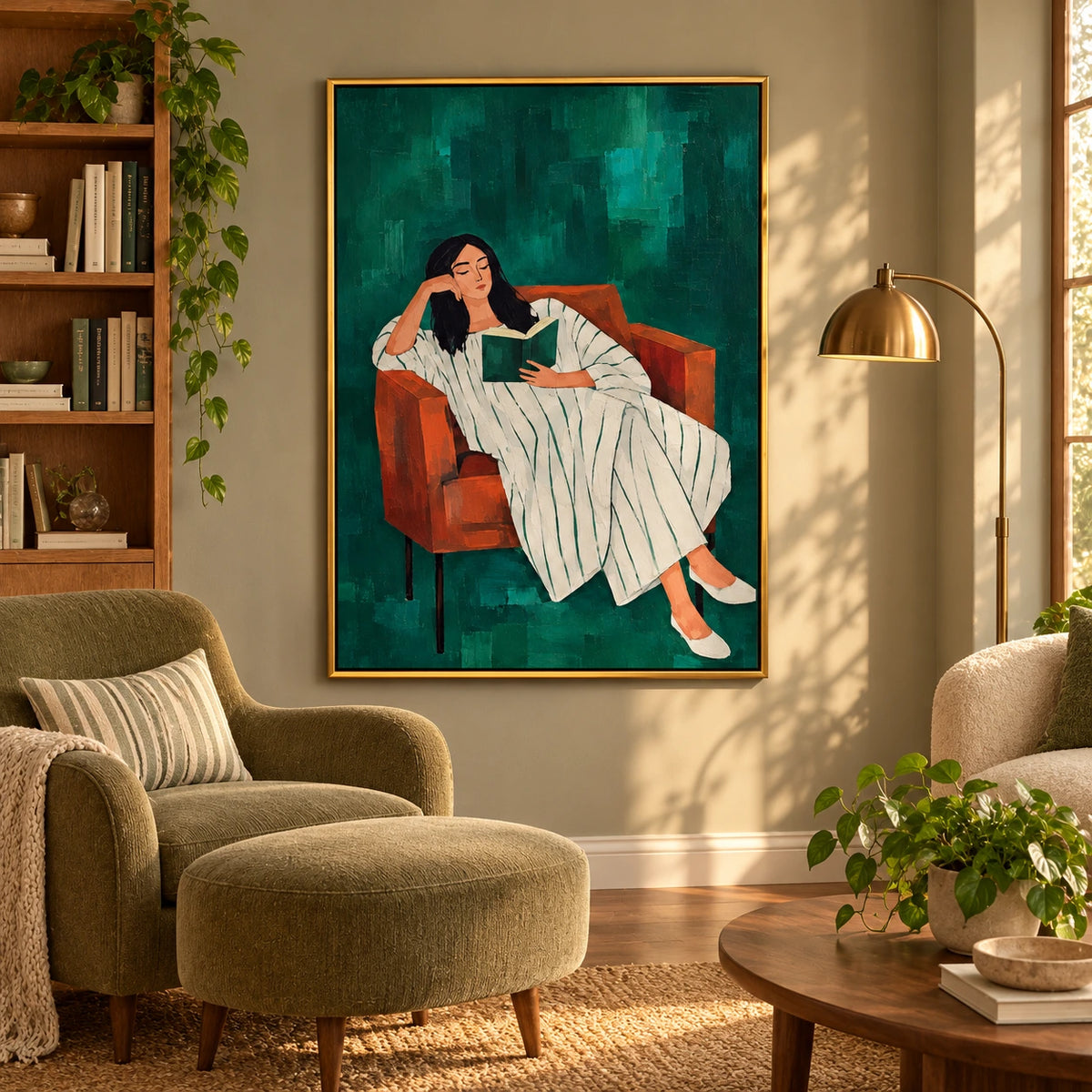 Woman Reading in Rust Armchair Oil Painting | Green Background and White Striped Dress Figurative Wall Art #OA 1649