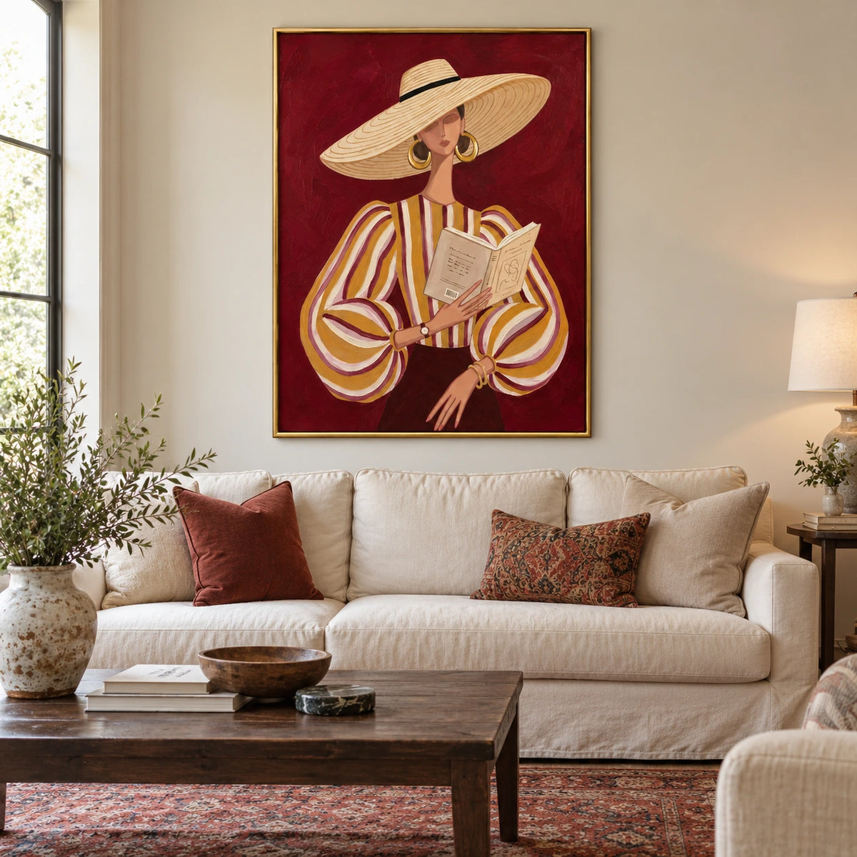 Woman Reading in Straw Hat Oil Painting | Ochre Striped Blouse and Burgundy Background Portrait Wall Art #OA 1683