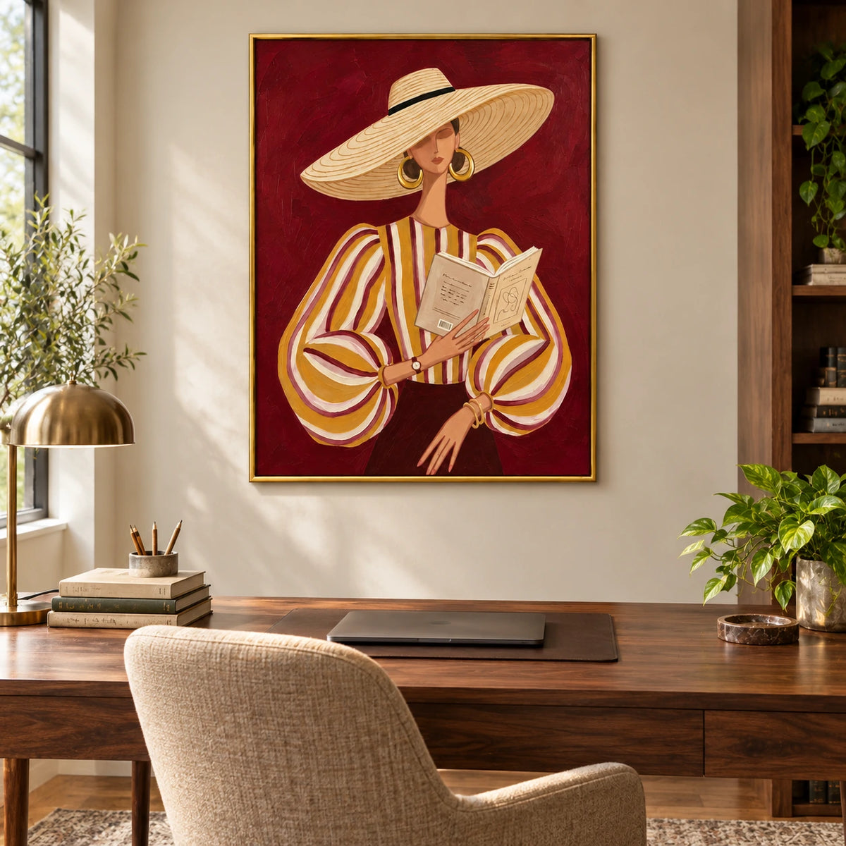 Woman Reading in Straw Hat Oil Painting | Ochre Striped Blouse and Burgundy Background Portrait Wall Art #OA 1683