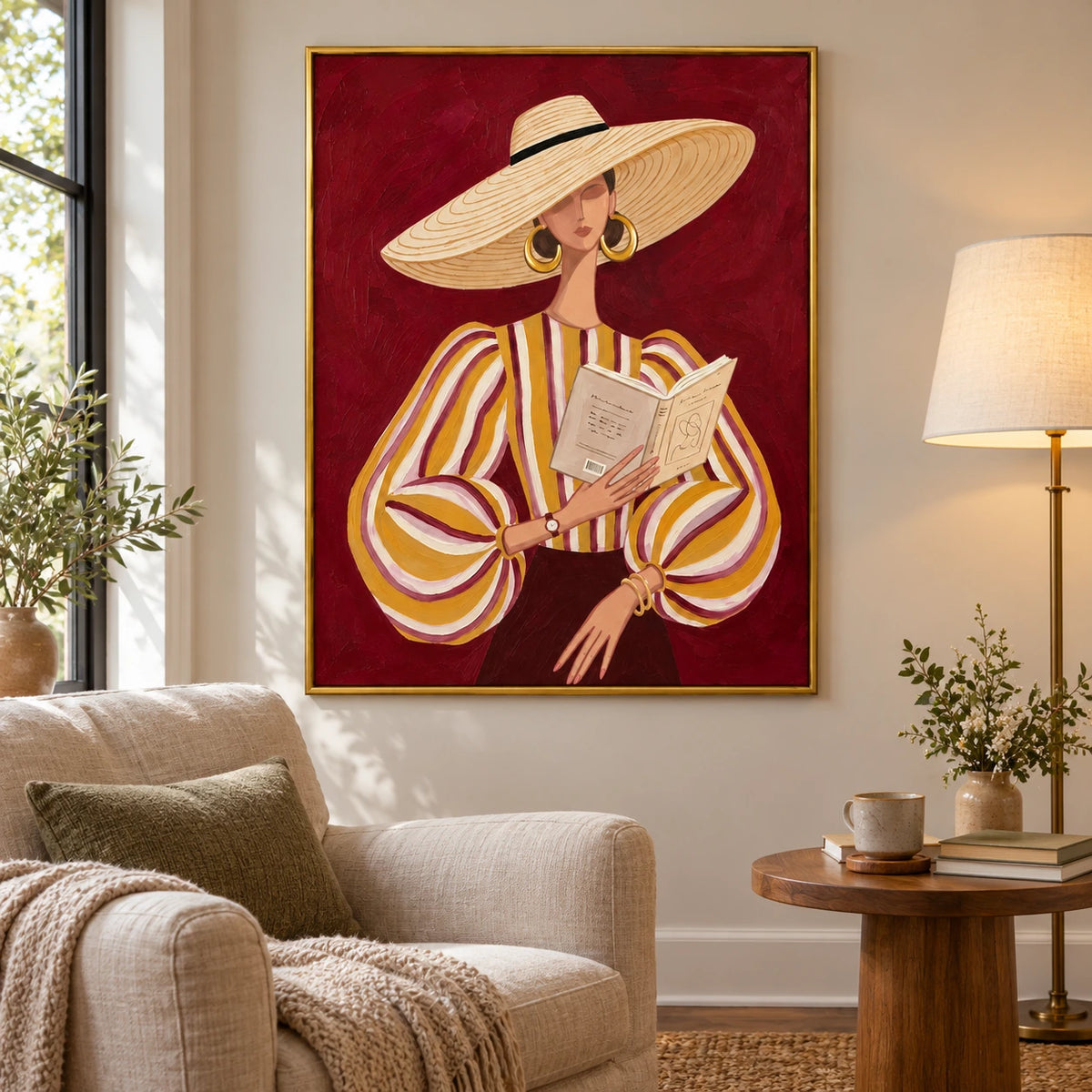 Woman Reading in Straw Hat Oil Painting | Ochre Striped Blouse and Burgundy Background Portrait Wall Art #OA 1683