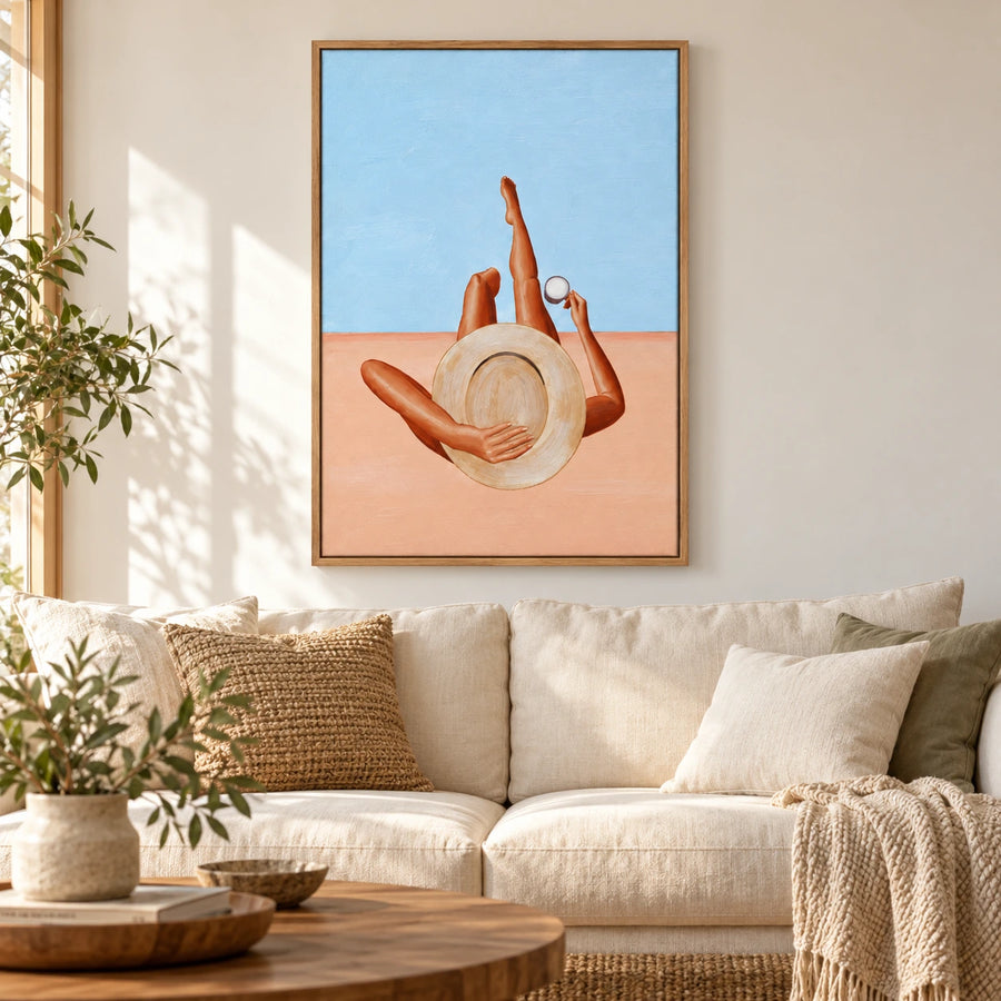 Woman Relaxing with Straw Hat Oil Painting | Coconut Blue Sky and Peach Ground Summer Figurative Vertical Wall Art #OA 1742