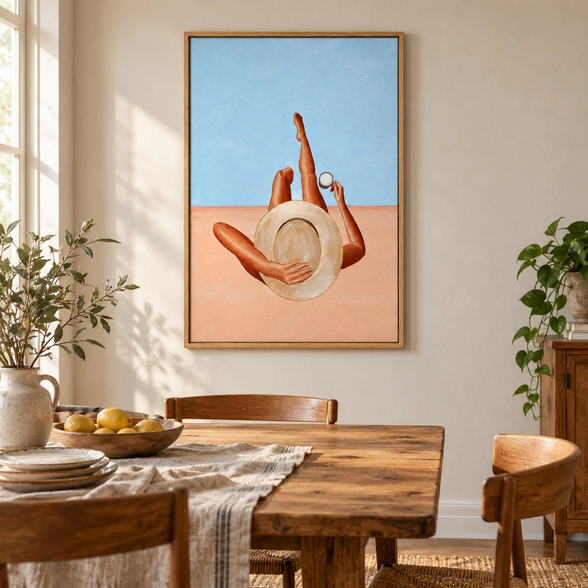 Woman Relaxing with Straw Hat Oil Painting | Coconut Blue Sky and Peach Ground Summer Figurative Vertical Wall Art OA 1742