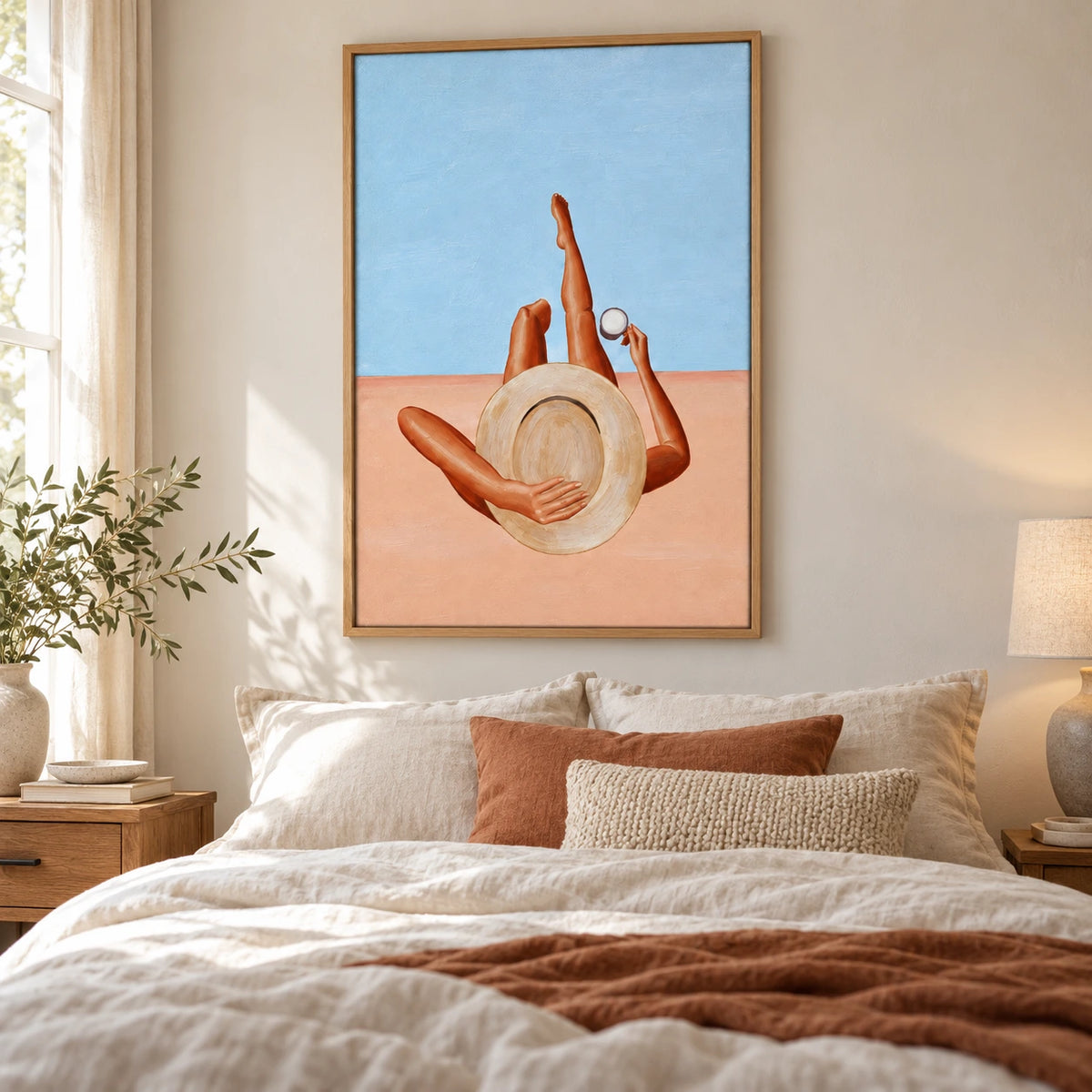 Woman Relaxing with Straw Hat Oil Painting | Coconut Blue Sky and Peach Ground Summer Figurative Vertical Wall Art OA 1742