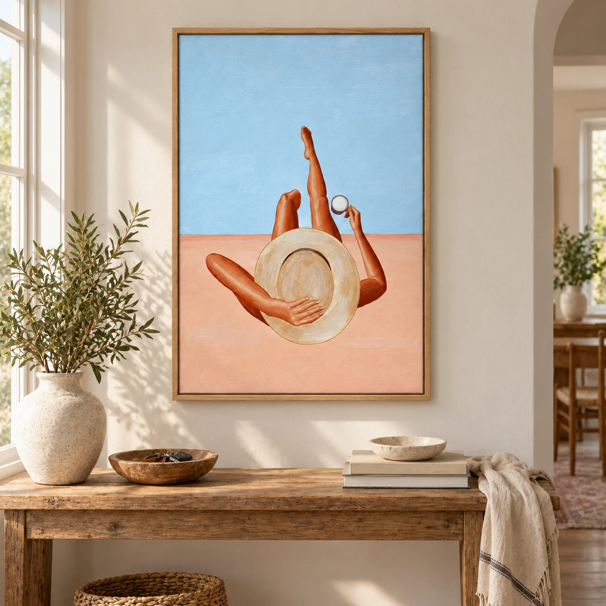Woman Relaxing with Straw Hat Oil Painting | Coconut Blue Sky and Peach Ground Summer Figurative Vertical Wall Art OA 1742