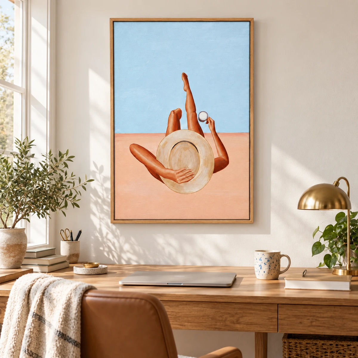 Woman Relaxing with Straw Hat Oil Painting | Coconut Blue Sky and Peach Ground Summer Figurative Vertical Wall Art OA 1742