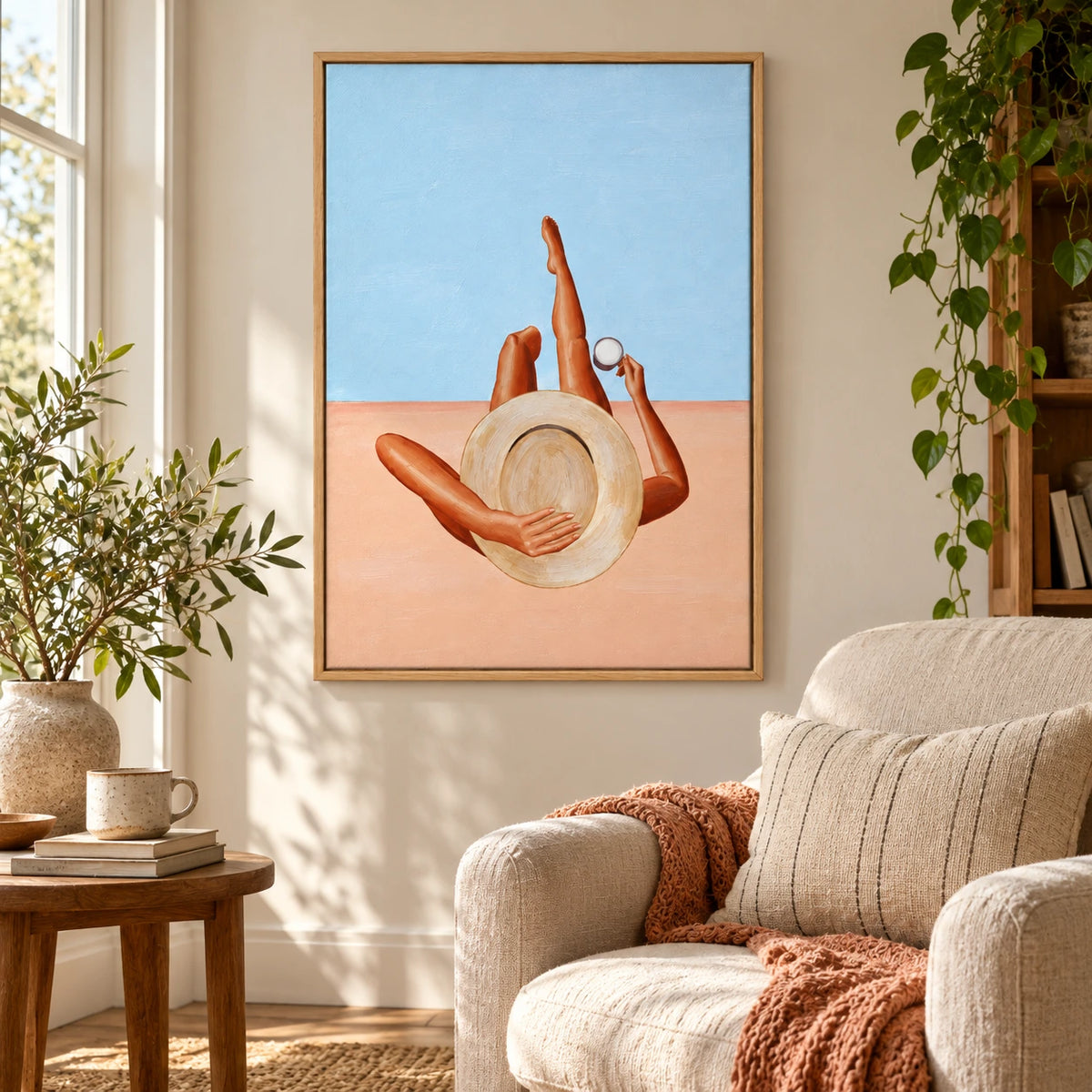 Woman Relaxing with Straw Hat Oil Painting | Coconut Blue Sky and Peach Ground Summer Figurative Vertical Wall Art OA 1742