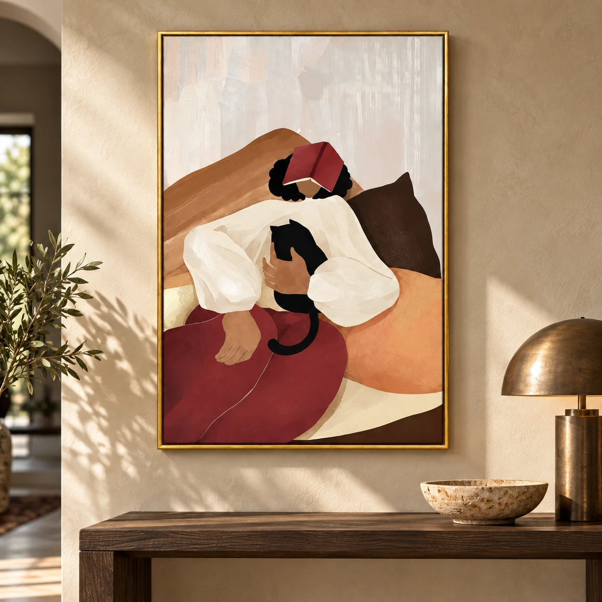 Woman Resting with Book and Black Cat Oil Painting | Cozy Reading Figurative Vertical Wall Art #OA 1625