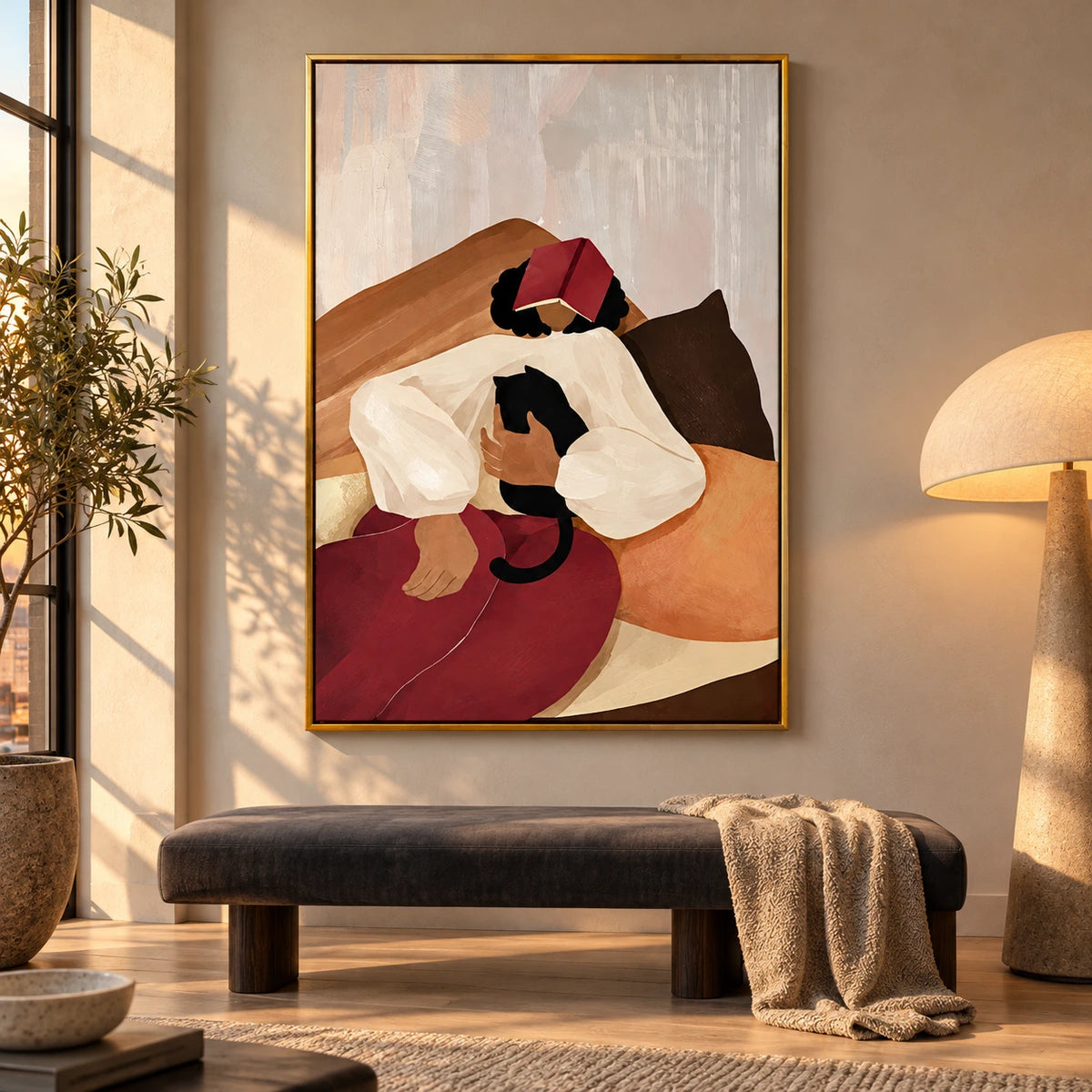 Woman Resting with Book and Black Cat Oil Painting | Cozy Reading Figurative Vertical Wall Art #OA 1625
