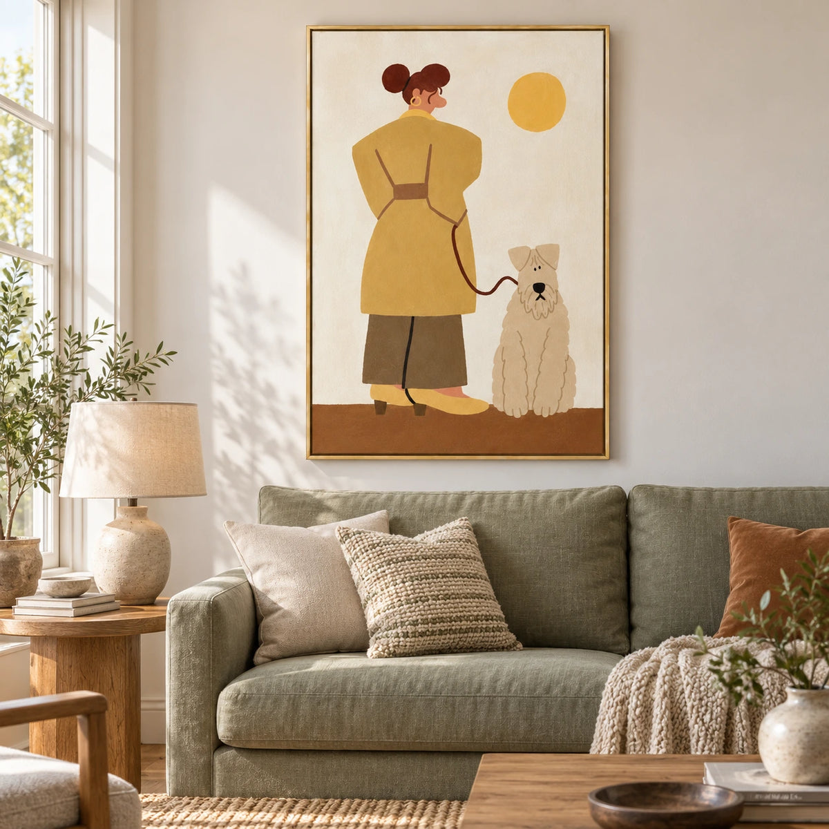 Woman Walking White Terrier Oil Painting | Mustard Coat Yellow Sun and Whimsical Dog Vertical Figurative Wall Art #OA 1712