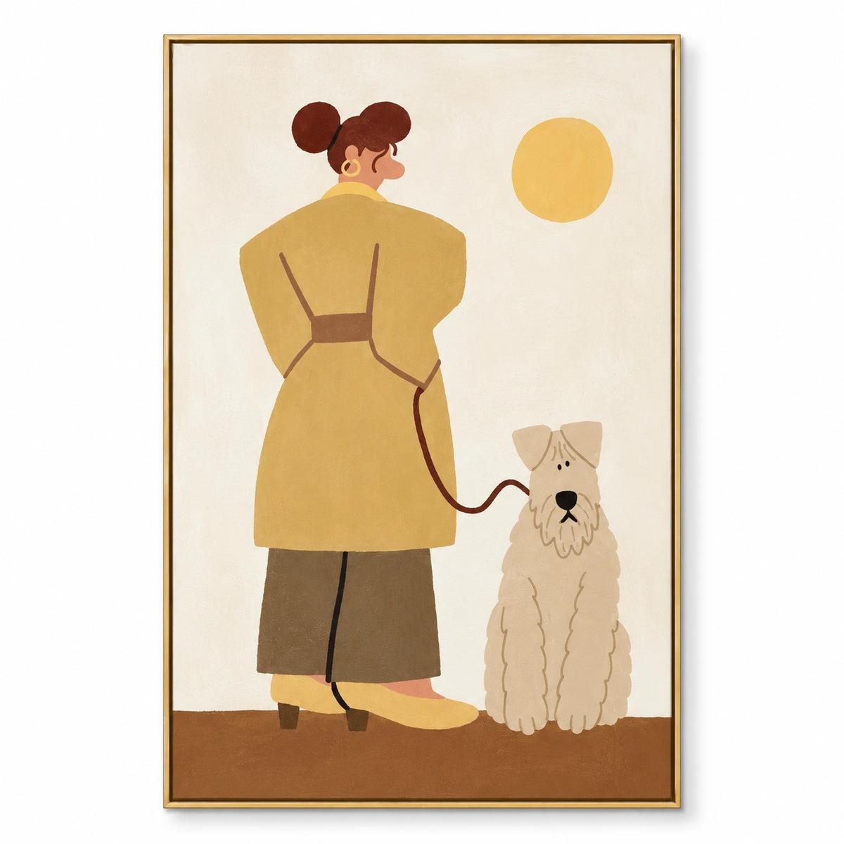 Woman Walking White Terrier Oil Painting | Mustard Coat Yellow Sun and Whimsical Dog Vertical Figurative Wall Art #OA 1712