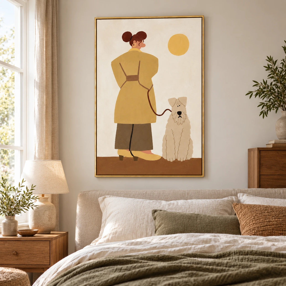 Woman Walking White Terrier Oil Painting | Mustard Coat Yellow Sun and Whimsical Dog Vertical Figurative Wall Art #OA 1712