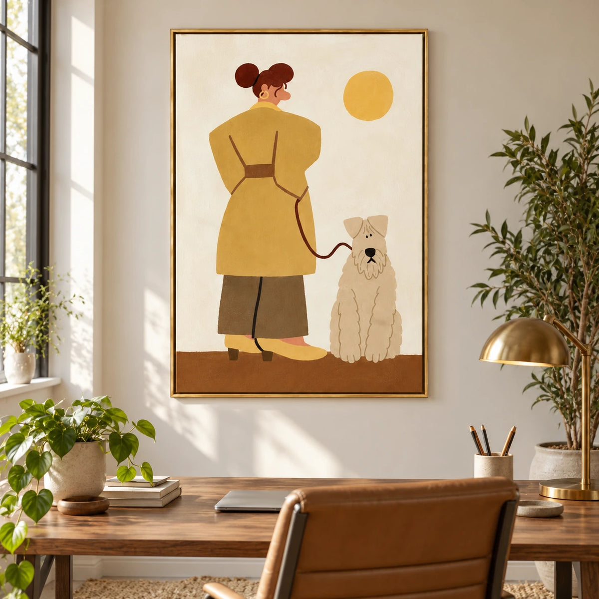 Woman Walking White Terrier Oil Painting | Mustard Coat Yellow Sun and Whimsical Dog Vertical Figurative Wall Art #OA 1712