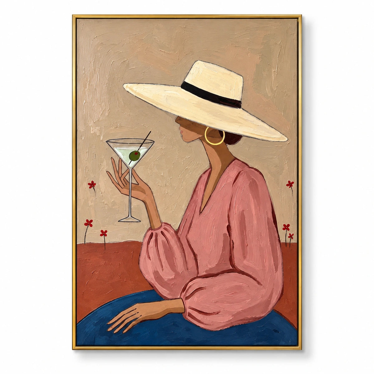 Woman in Pink with Martini Oil Painting | Wide Brim Hat Blue Skirt and Red Flowers Vertical Fashion Wall Art #OA 1716