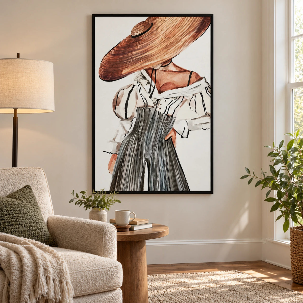 Woman in Straw Hat Oil Painting | Black White Striped Blouse and Grey Trousers Neutral Fashion Wall Art #OA 1689