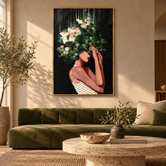 Woman with Green Foliage and White Flowers Oil Painting | Botanical Portrait on Black Vertical Wall Art #OA 1642