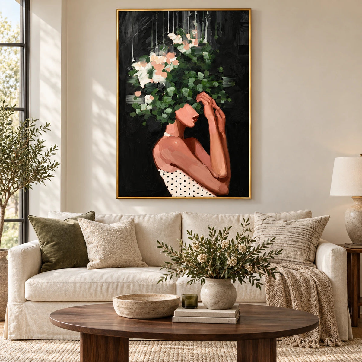 Woman with Green Foliage and White Flowers Oil Painting | Botanical Portrait on Black Vertical Wall Art #OA 1642