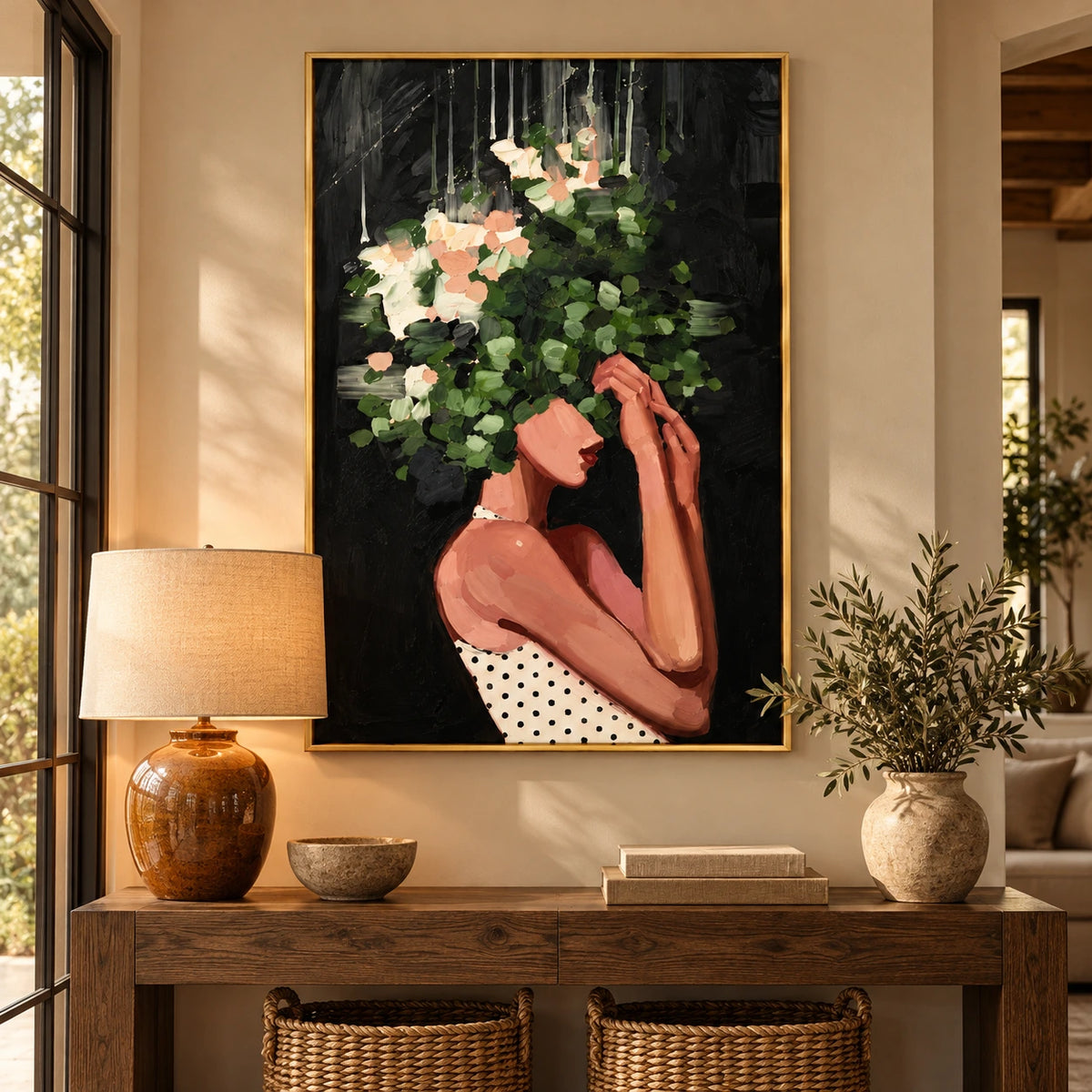 Woman with Green Foliage and White Flowers Oil Painting | Botanical Portrait on Black Vertical Wall Art #OA 1642