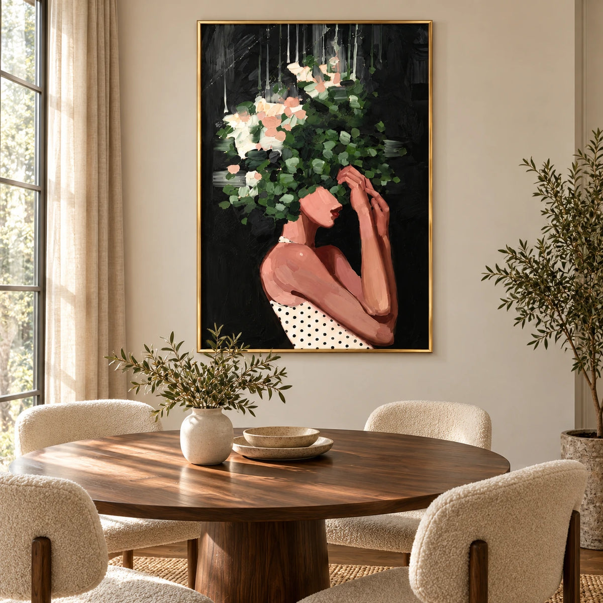 Woman with Green Foliage and White Flowers Oil Painting | Botanical Portrait on Black Vertical Wall Art #OA 1642