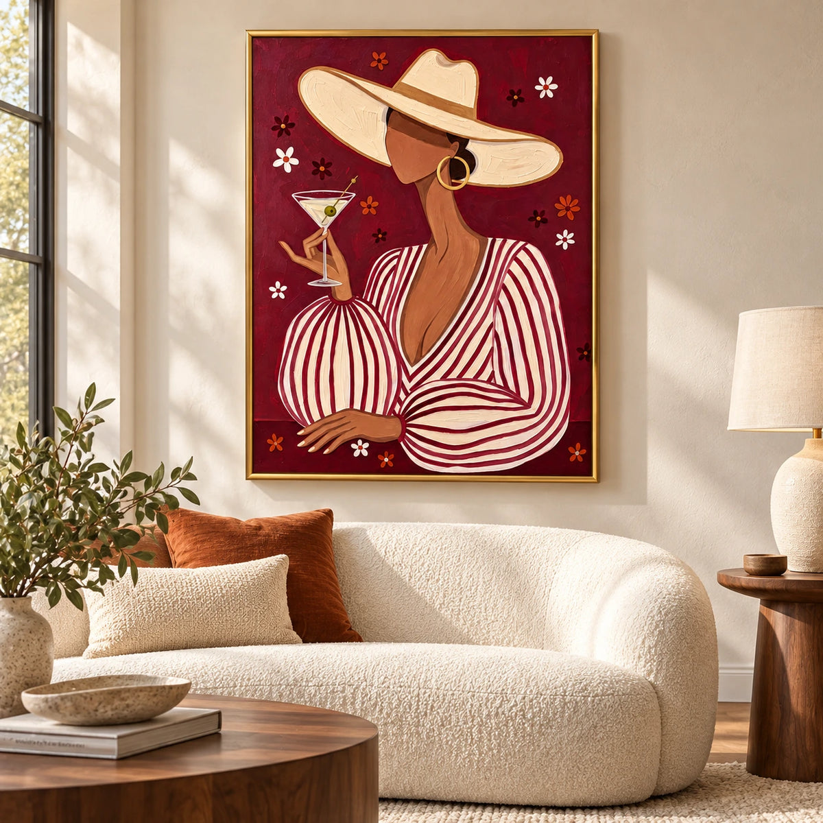 Woman with Martini and Wide Brim Hat Oil Painting | Burgundy Striped Fashion Portrait Wall Art #OA 1627