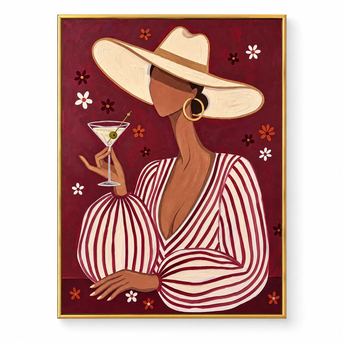 Woman with Martini and Wide Brim Hat Oil Painting | Burgundy Striped Fashion Portrait Wall Art #OA 1627