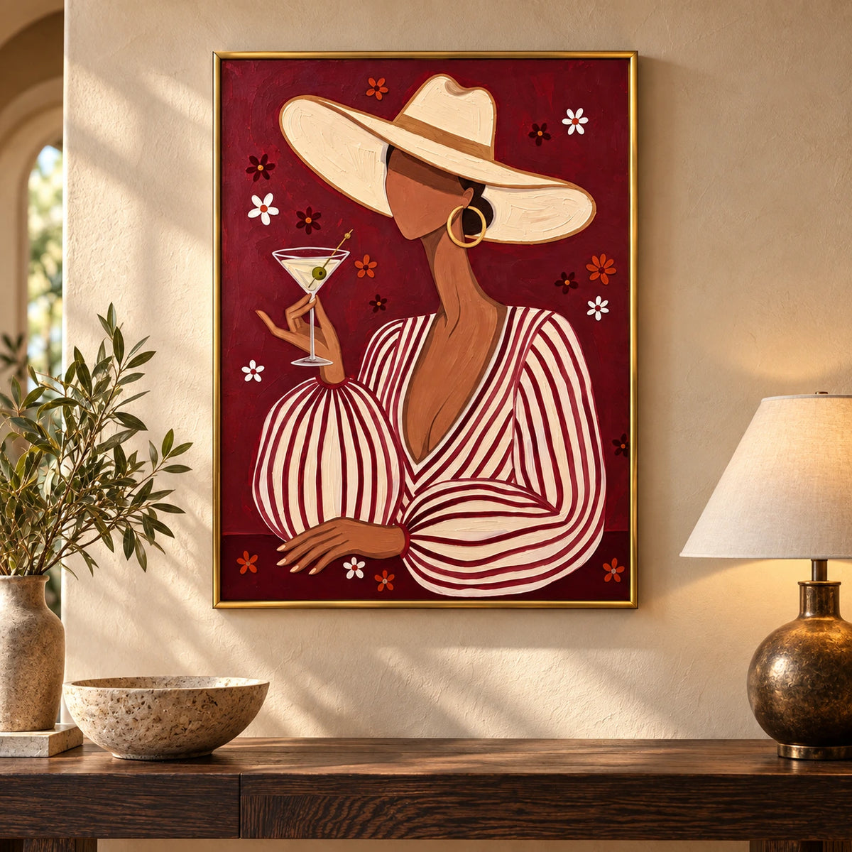 Woman with Martini and Wide Brim Hat Oil Painting | Burgundy Striped Fashion Portrait Wall Art #OA 1627