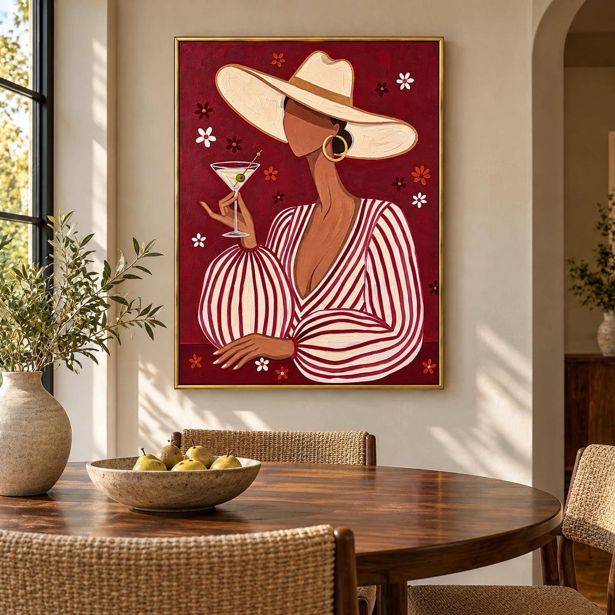 Woman with Martini and Wide Brim Hat Oil Painting | Burgundy Striped Fashion Portrait Wall Art #OA 1627