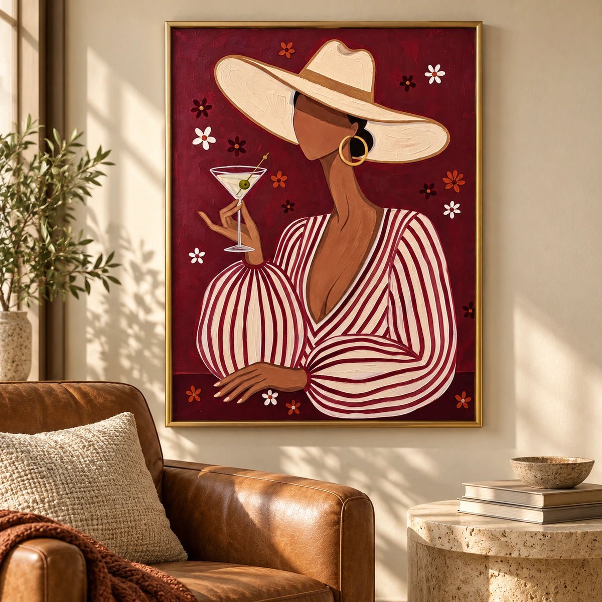 Woman with Martini and Wide Brim Hat Oil Painting | Burgundy Striped Fashion Portrait Wall Art #OA 1627