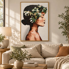 Woman with White Flowers Oil Painting | Dark Hair Profile Portrait Textured Vertical Figurative Canvas Wall Art #OA 1814